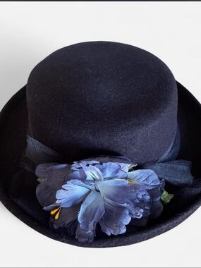 Navy Felt Cloche Hat with Blue Floral Detail